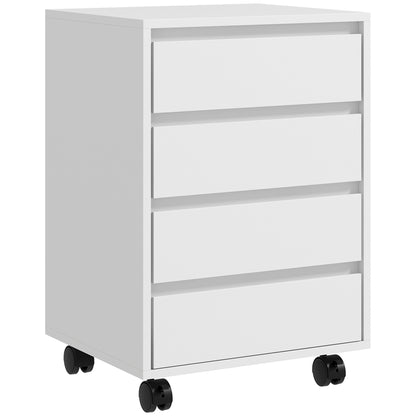 Office Cabinet Storage Cabinet on Wheels 4 Sliding Drawers in White Wood Finish