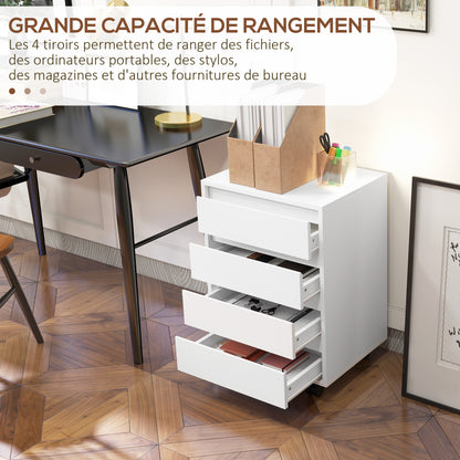Office Cabinet Storage Cabinet on Wheels 4 Sliding Drawers in White Wood Finish
