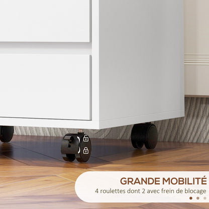 Office Cabinet Storage Cabinet on Wheels 4 Sliding Drawers in White Wood Finish
