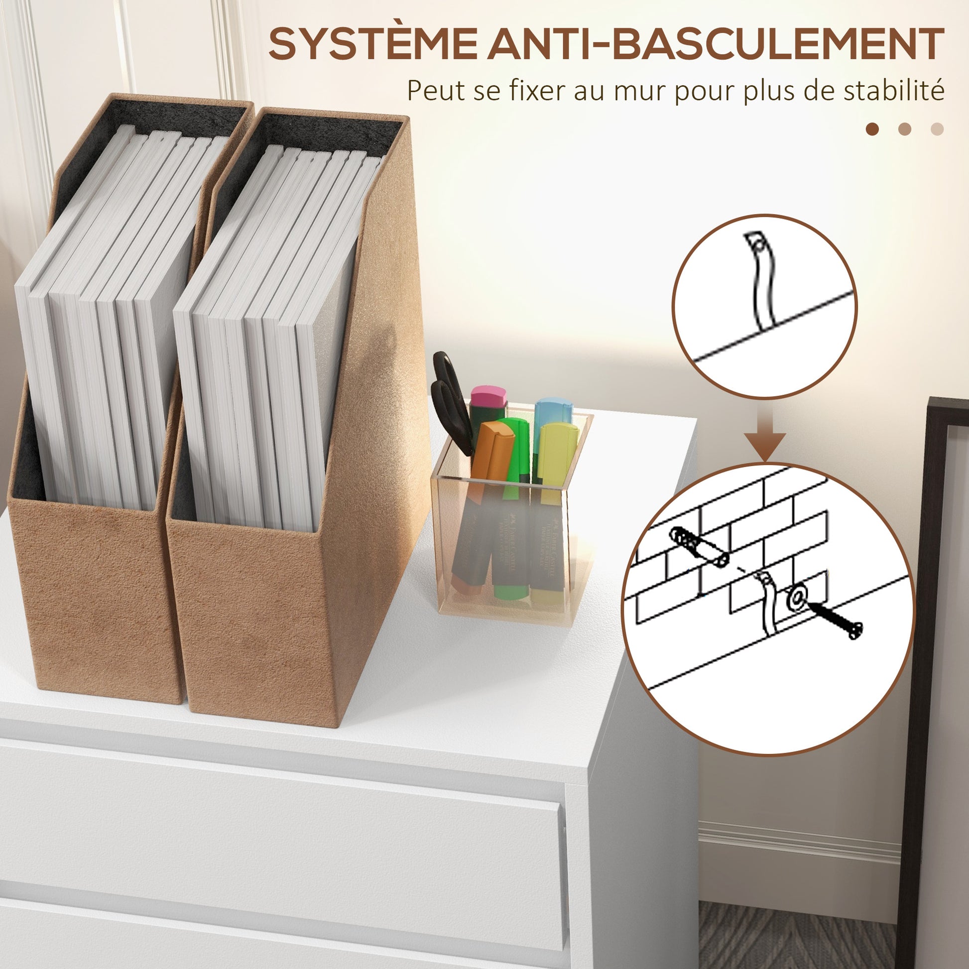 Office Cabinet Storage Cabinet on Wheels 4 Sliding Drawers in White Wood Finish