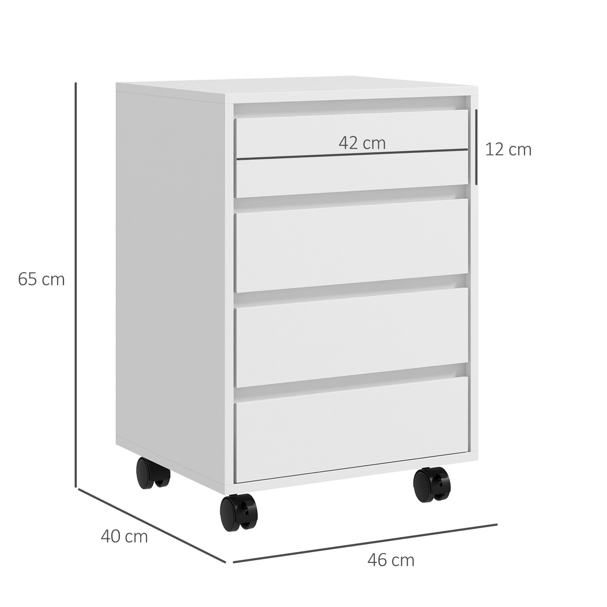 Office Cabinet Storage Cabinet on Wheels 4 Sliding Drawers in White Wood Finish