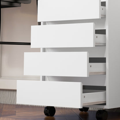 Office Cabinet Storage Cabinet on Wheels 4 Sliding Drawers in White Wood Finish