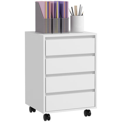 Office Cabinet Storage Cabinet on Wheels 4 Sliding Drawers in White Wood Finish
