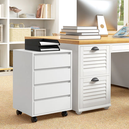Office Cabinet Storage Cabinet on Wheels 4 Sliding Drawers in White Wood Finish