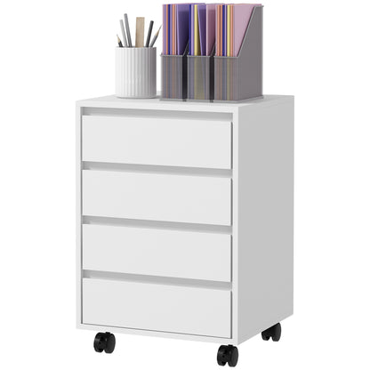 Office Cabinet Storage Cabinet on Wheels 4 Sliding Drawers in White Wood Finish