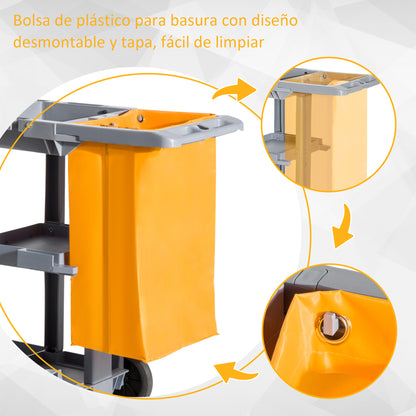 Cleaning Cart with 100L Professional and Multifunctional Bag for Hotels, Hostels with 3 Trays and 1 Platform 121x50.5x96.5 cm Gray and Yellow