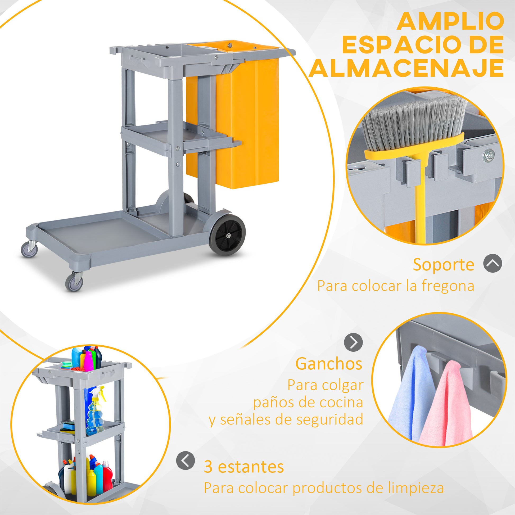 Cleaning Cart with 100L Professional and Multifunctional Bag for Hotels, Hostels with 3 Trays and 1 Platform 121x50.5x96.5 cm Gray and Yellow