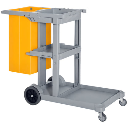 Cleaning Cart with 100L Professional and Multifunctional Bag for Hotels, Hostels with 3 Trays and 1 Platform 121x50.5x96.5 cm Gray and Yellow