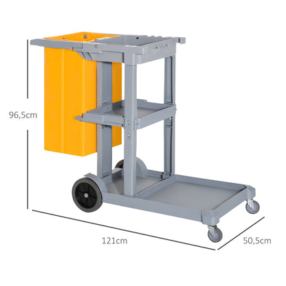 Cleaning Cart with 100L Professional and Multifunctional Bag for Hotels, Hostels with 3 Trays and 1 Platform 121x50.5x96.5 cm Gray and Yellow
