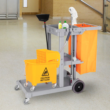 Cleaning Cart with 100L Professional and Multifunctional Bag for Hotels, Hostels with 3 Trays and 1 Platform 121x50.5x96.5 cm Gray and Yellow