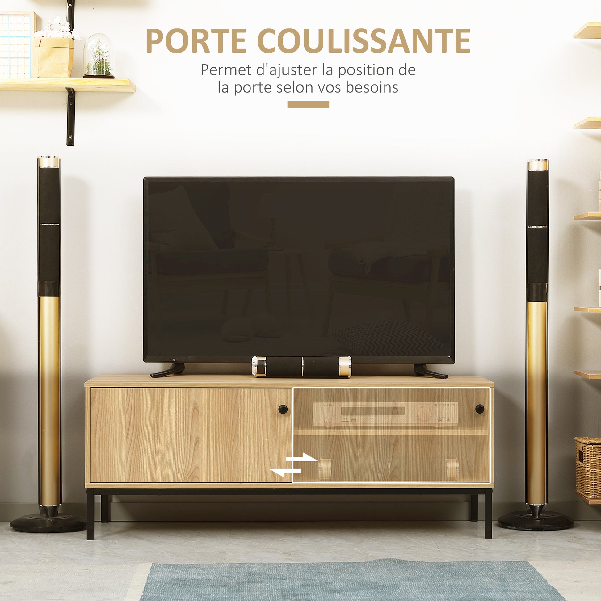 TV Stand TV Bench Max. 50 Inches 3 Compartments 2 Cable Management Holes with Sliding Door - dim. 120L x 39.5W x 46H cm