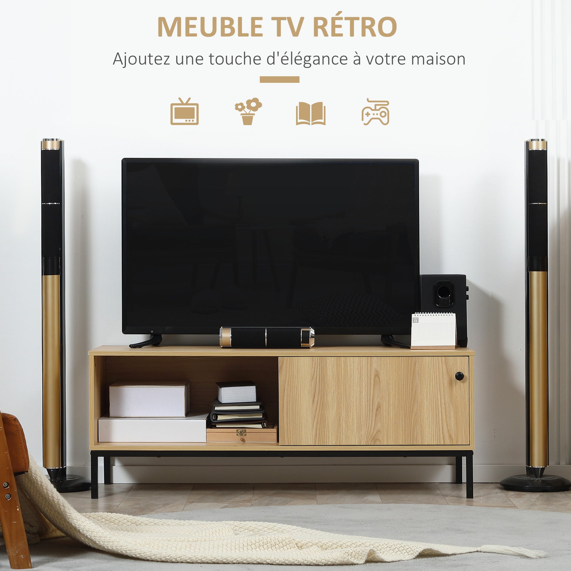 TV Stand TV Bench Max. 50 Inches 3 Compartments 2 Cable Management Holes with Sliding Door - dim. 120L x 39.5W x 46H cm