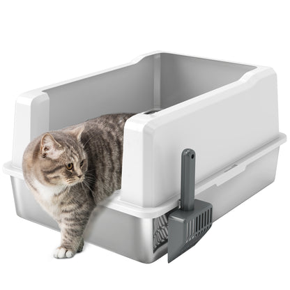 XXL Waterproof Cat Litter Box, Cat Toilet with Raised Walls, Stainless Steel Tray and Shovel, Kitten Litter Box in ABS, 71x50.8x35.5 cm, White