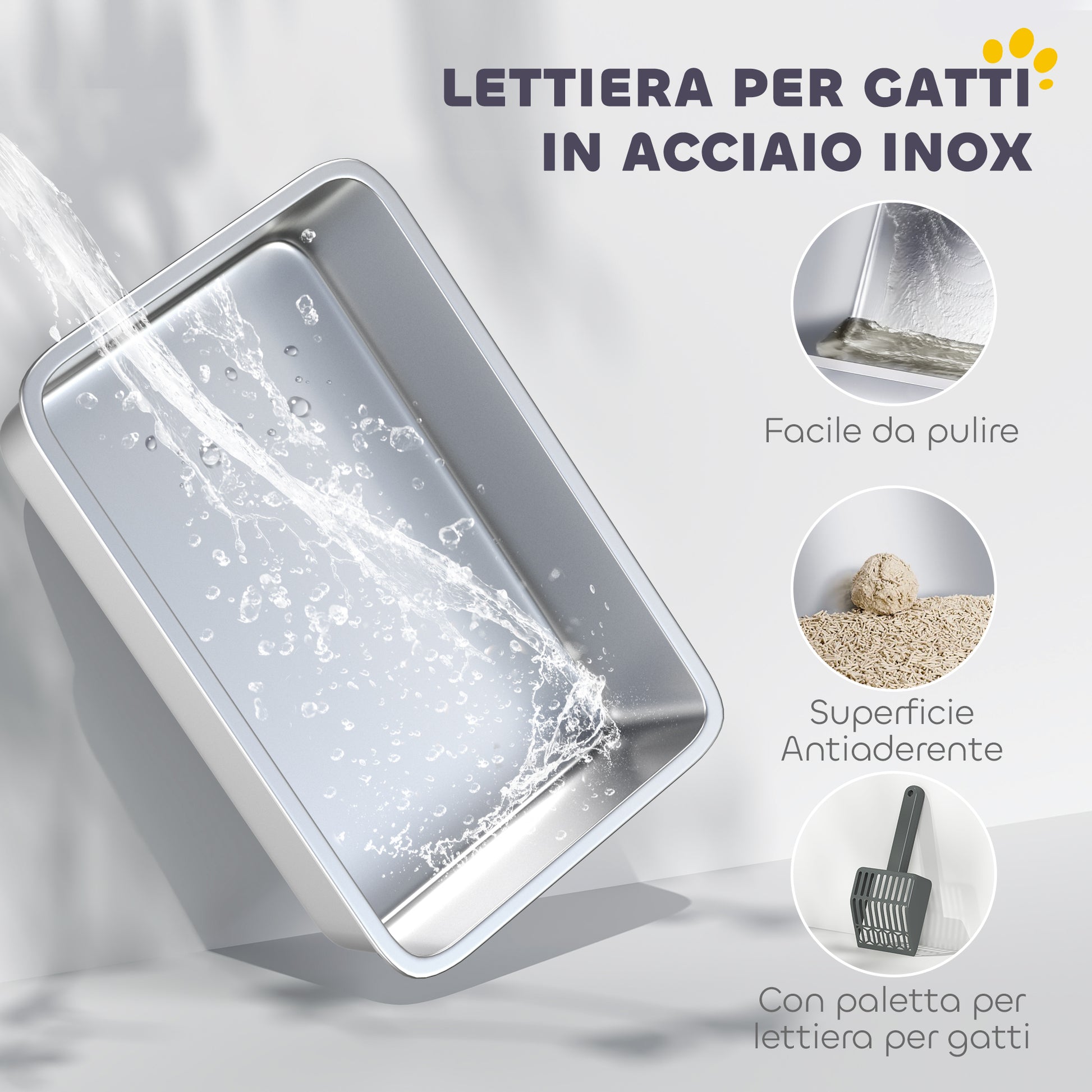 XXL Waterproof Cat Litter Box, Cat Toilet with Raised Walls, Stainless Steel Tray and Shovel, Kitten Litter Box in ABS, 71x50.8x35.5 cm, White