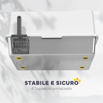 XXL Waterproof Cat Litter Box, Cat Toilet with Raised Walls, Stainless Steel Tray and Shovel, Kitten Litter Box in ABS, 71x50.8x35.5 cm, White