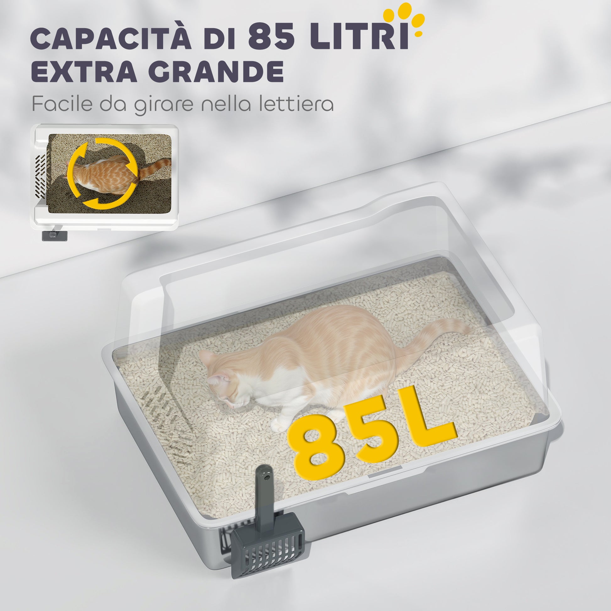 XXL Waterproof Cat Litter Box, Cat Toilet with Raised Walls, Stainless Steel Tray and Shovel, Kitten Litter Box in ABS, 71x50.8x35.5 cm, White