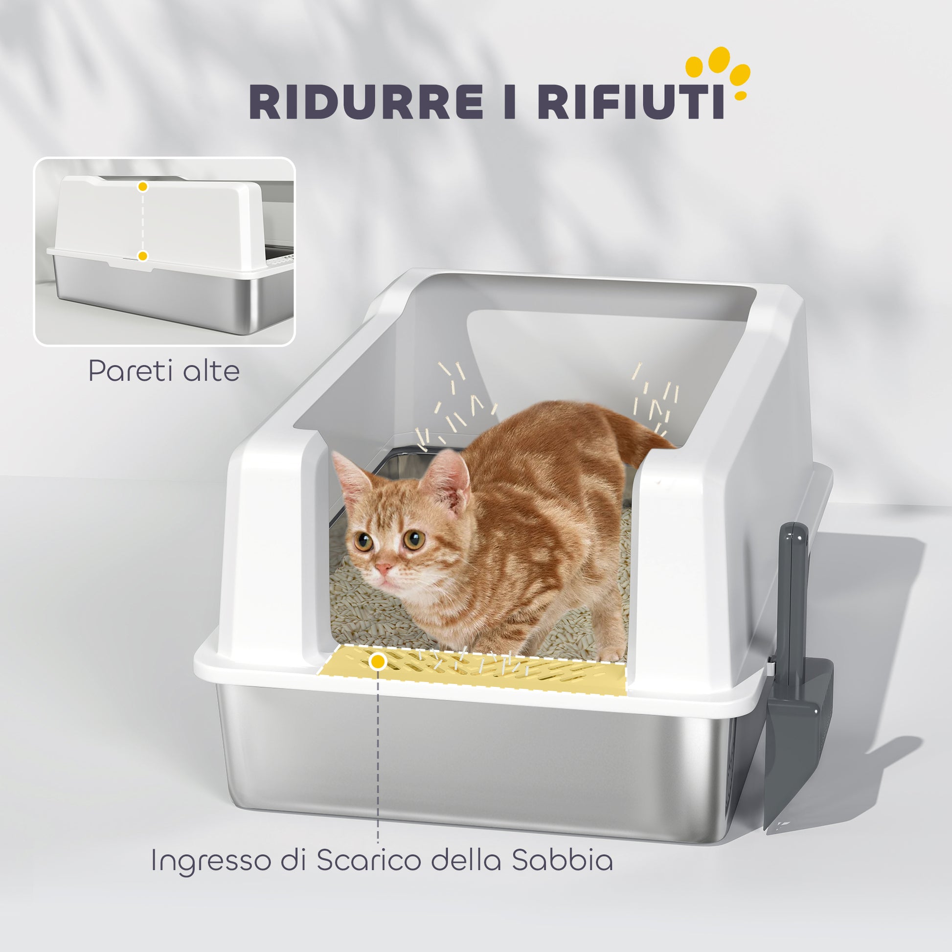 XXL Waterproof Cat Litter Box, Cat Toilet with Raised Walls, Stainless Steel Tray and Shovel, Kitten Litter Box in ABS, 71x50.8x35.5 cm, White