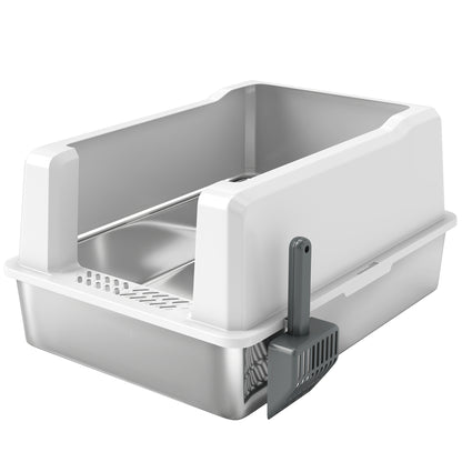 XXL Waterproof Cat Litter Box, Cat Toilet with Raised Walls, Stainless Steel Tray and Shovel, Kitten Litter Box in ABS, 71x50.8x35.5 cm, White