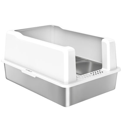 XXL Waterproof Cat Litter Box, Cat Toilet with Raised Walls, Stainless Steel Tray and Shovel, Kitten Litter Box in ABS, 71x50.8x35.5 cm, White