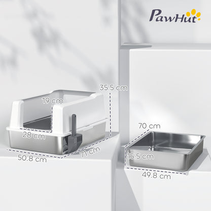 XXL Waterproof Cat Litter Box, Cat Toilet with Raised Walls, Stainless Steel Tray and Shovel, Kitten Litter Box in ABS, 71x50.8x35.5 cm, White