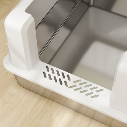 XXL Waterproof Cat Litter Box, Cat Toilet with Raised Walls, Stainless Steel Tray and Shovel, Kitten Litter Box in ABS, 71x50.8x35.5 cm, White