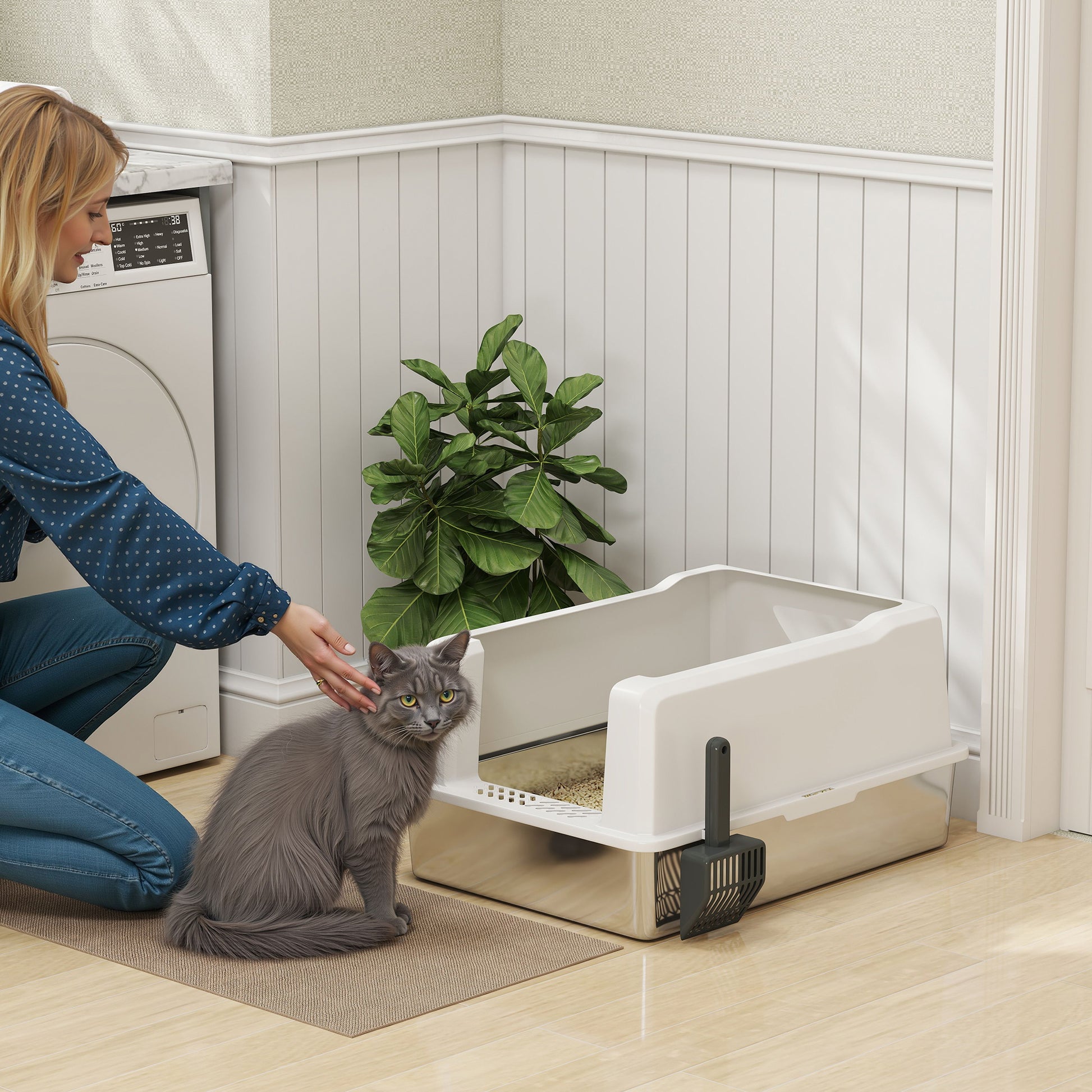 XXL Waterproof Cat Litter Box, Cat Toilet with Raised Walls, Stainless Steel Tray and Shovel, Kitten Litter Box in ABS, 71x50.8x35.5 cm, White
