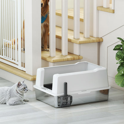 XXL Waterproof Cat Litter Box, Cat Toilet with Raised Walls, Stainless Steel Tray and Shovel, Kitten Litter Box in ABS, 71x50.8x35.5 cm, White