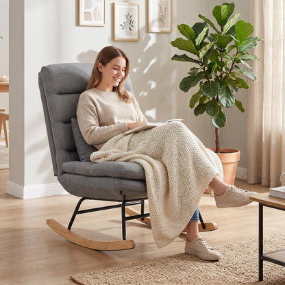 Linen-Effect Upholstered Rocking Chair with Lumbar Pillow, High Back, 28.3 in Wide Double-Layer Seat, Light Gray