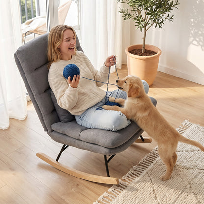 Linen-Effect Upholstered Rocking Chair with Lumbar Pillow, High Back, 28.3 in Wide Double-Layer Seat, Light Gray
