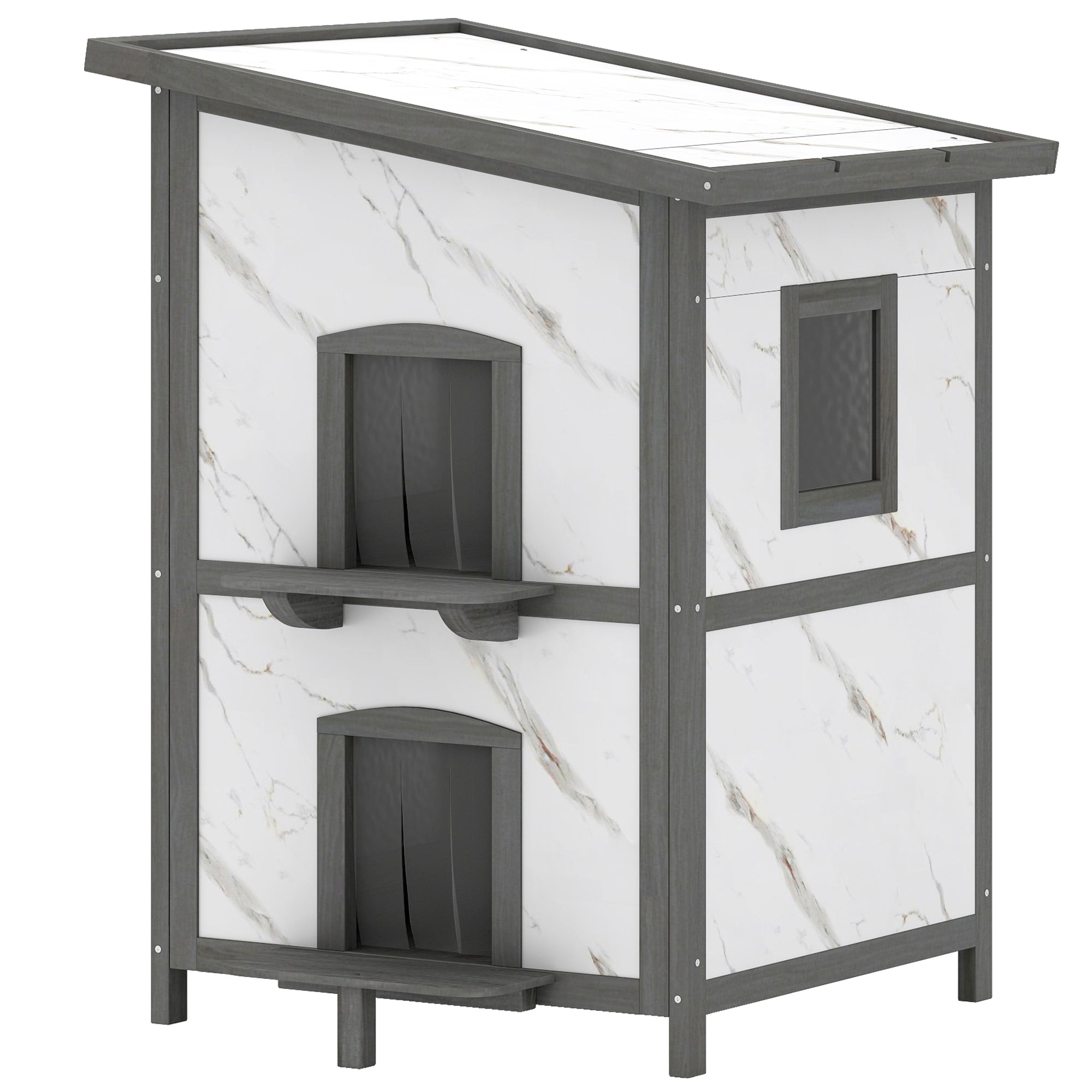 2-Story Insulated Outdoor Wooden Cat House with Window, Multiple Doors, Water-Resistant Roof, Cat Den Box for Outdoors — 24 x 24 x 34.6 in (60 x 60 x 88 cm), White