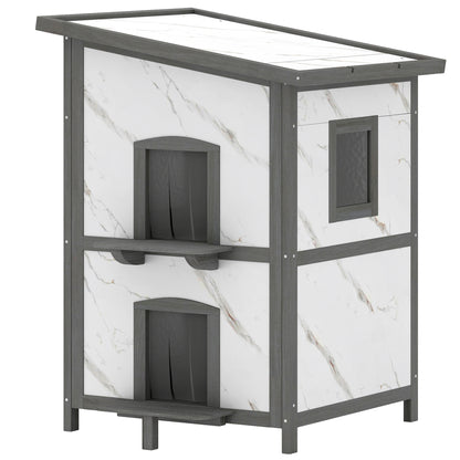 2-Story Insulated Outdoor Wooden Cat House with Window, Multiple Doors, Water-Resistant Roof, Cat Den Box for Outdoors — 24 x 24 x 34.6 in (60 x 60 x 88 cm), White