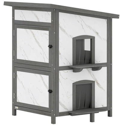 2-Story Insulated Outdoor Wooden Cat House with Window, Multiple Doors, Water-Resistant Roof, Cat Den Box for Outdoors — 24 x 24 x 34.6 in (60 x 60 x 88 cm), White