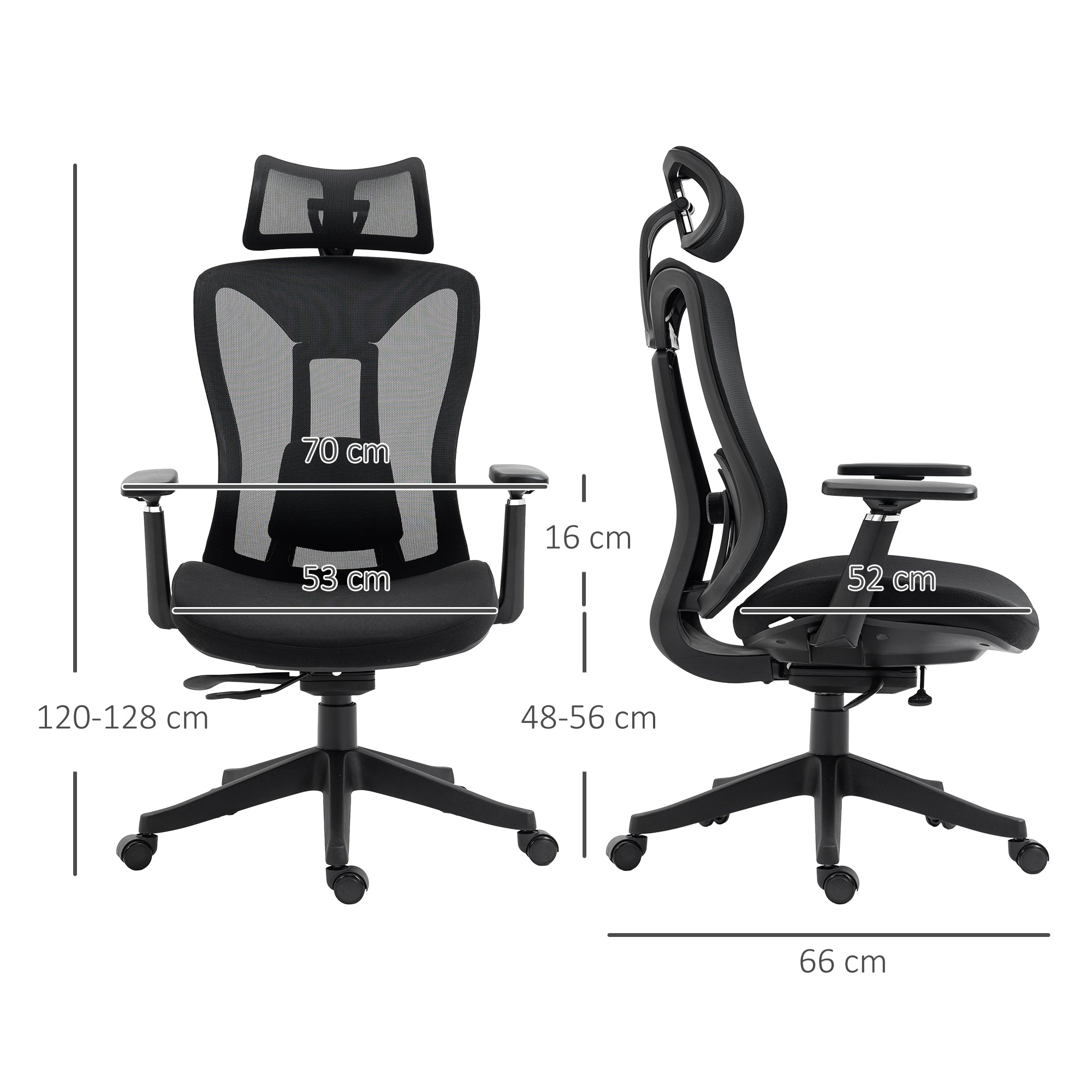 Mesh Office Chair Reclining Desk Chair with Adjustable Headrest Lumbar Support and 3D Armrests 150 kg Capacity 70x66x120-128 cm Black