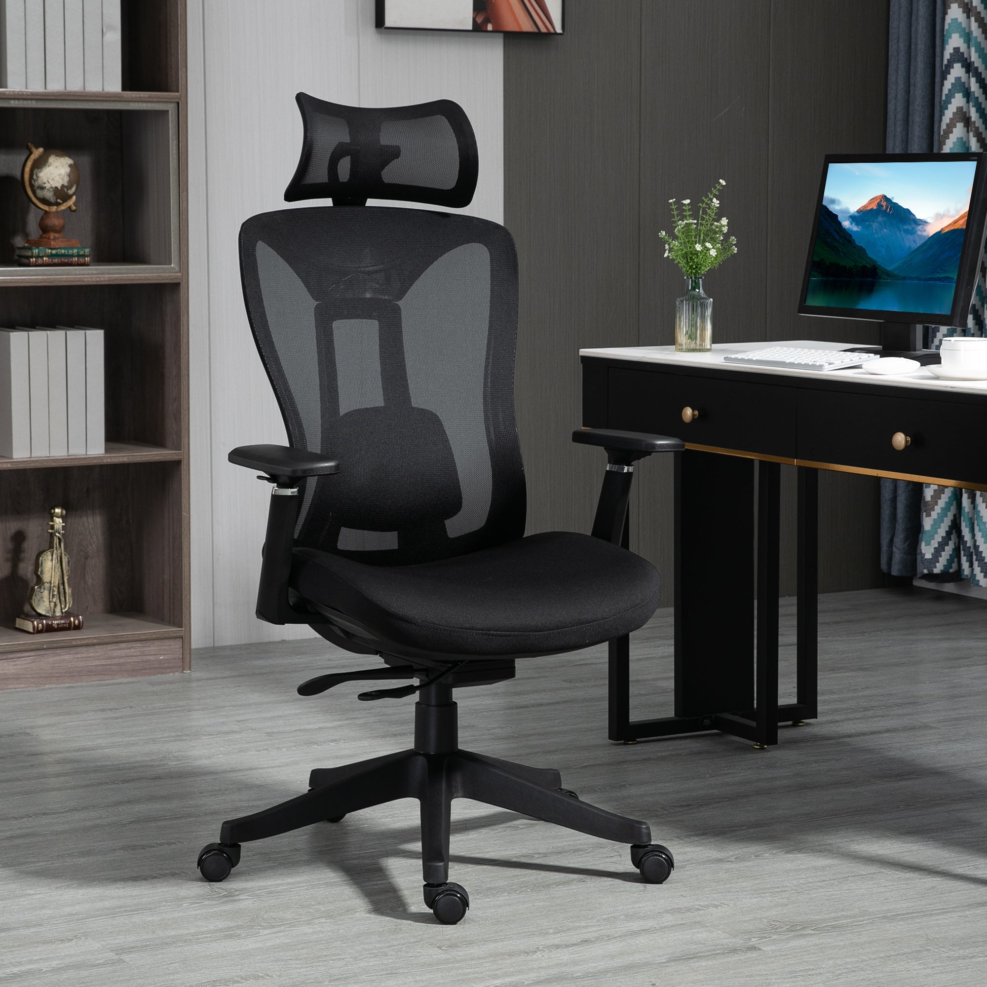 Mesh Office Chair Reclining Desk Chair with Adjustable Headrest Lumbar Support and 3D Armrests 150 kg Capacity 70x66x120-128 cm Black