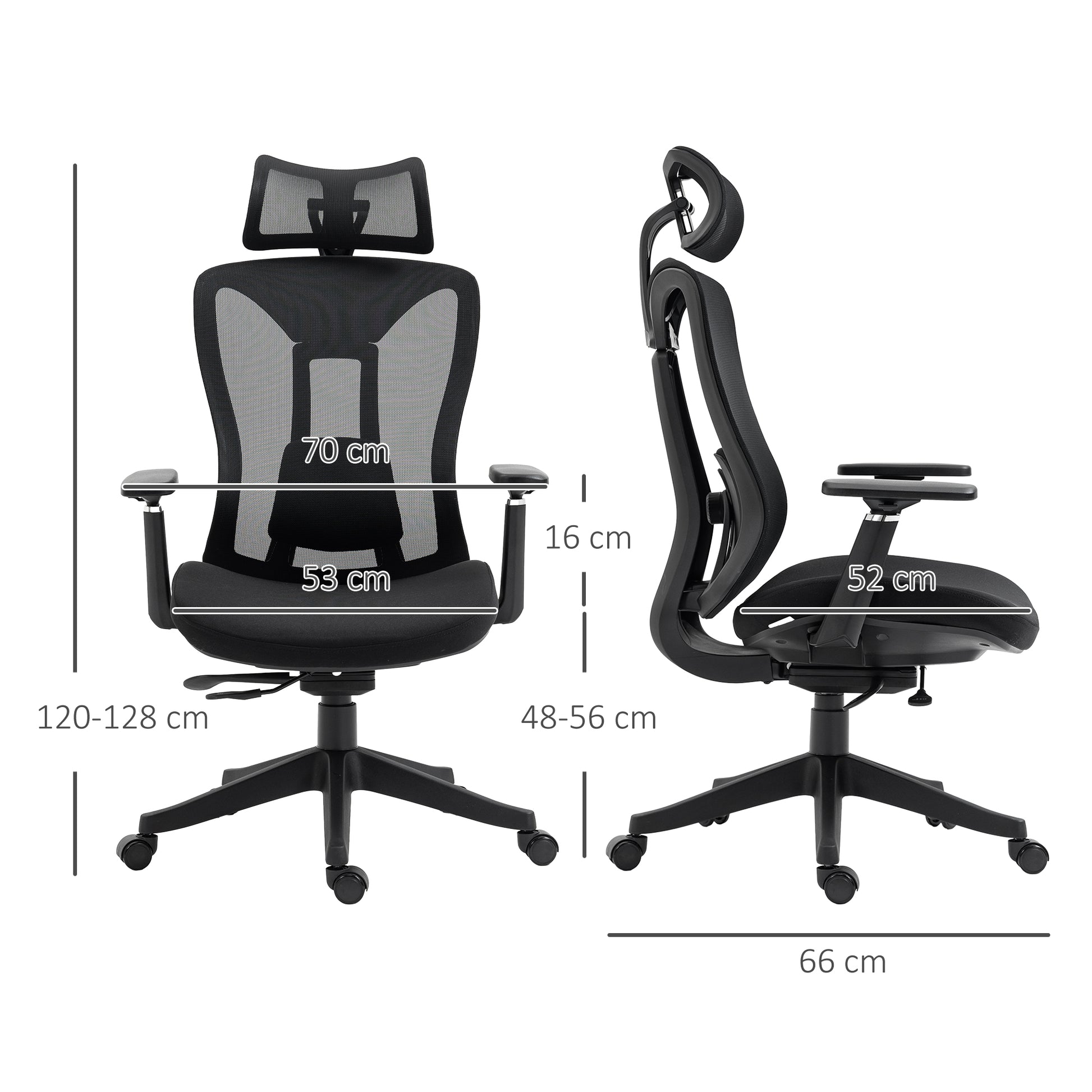 Mesh Office Chair Reclining Desk Chair with Adjustable Headrest Lumbar Support and 3D Armrests 150 kg Capacity 70x66x120-128 cm Black