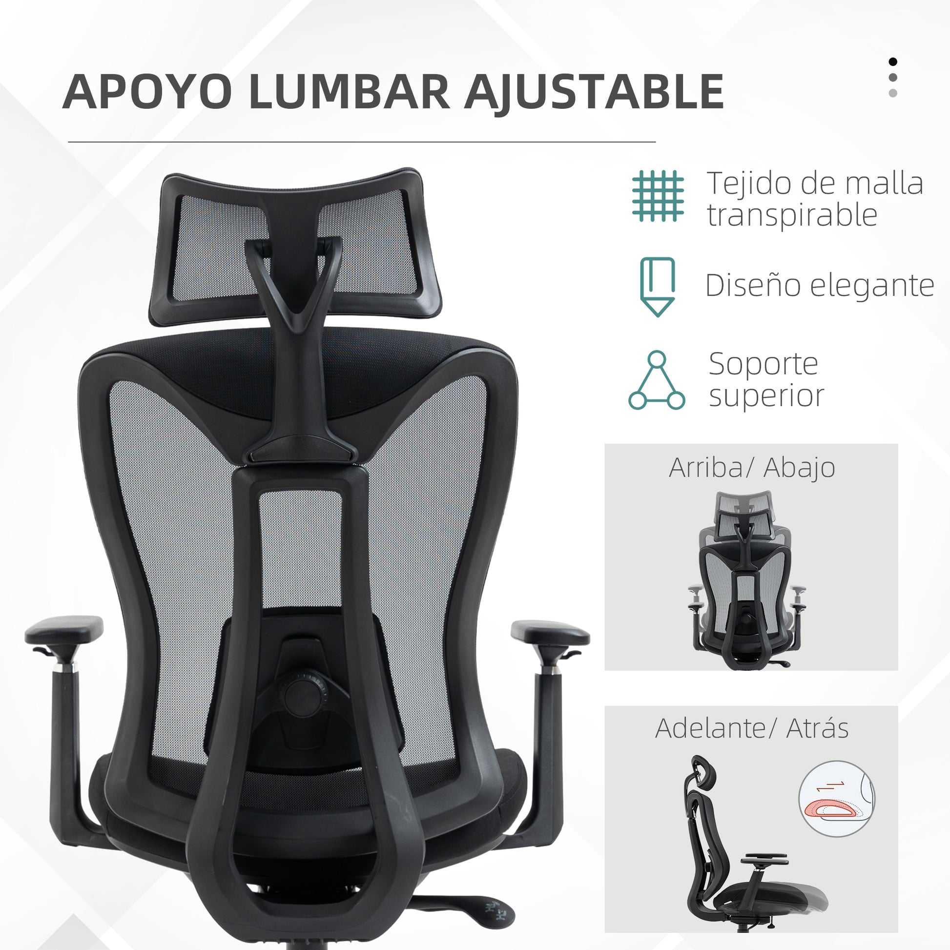Mesh Office Chair Reclining Desk Chair with Adjustable Headrest Lumbar Support and 3D Armrests 150 kg Capacity 70x66x120-128 cm Black