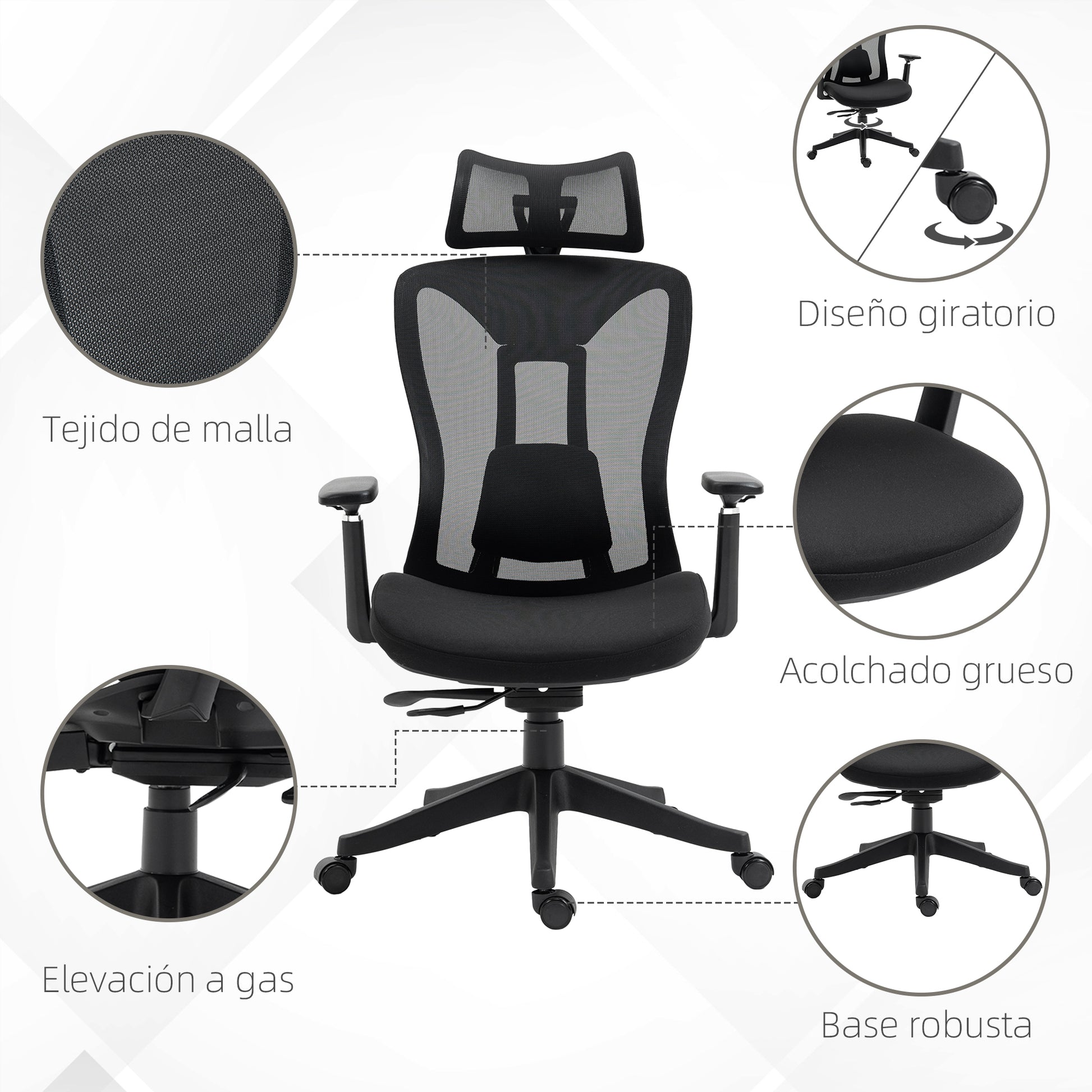 Mesh Office Chair Reclining Desk Chair with Adjustable Headrest Lumbar Support and 3D Armrests 150 kg Capacity 70x66x120-128 cm Black