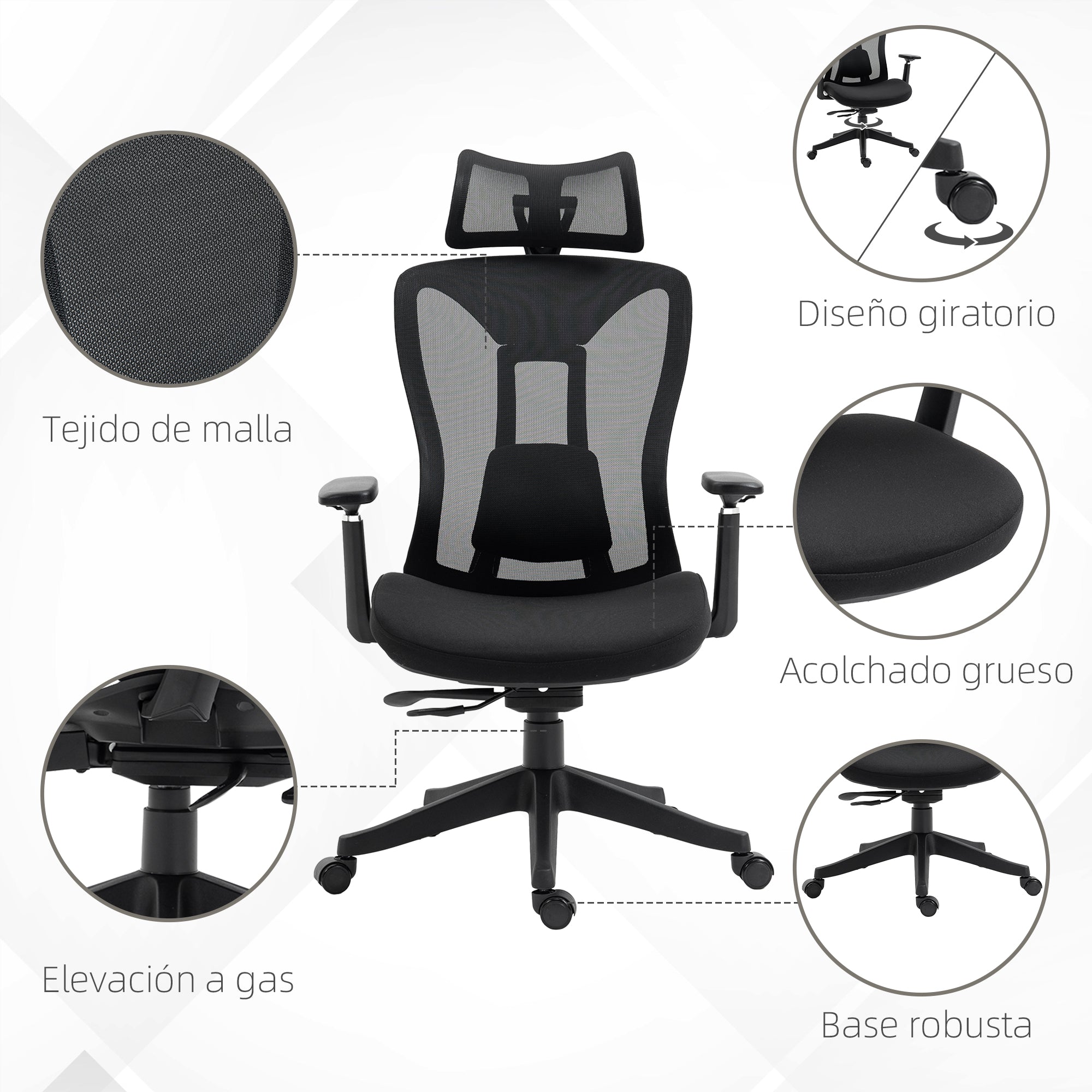 Mesh Office Chair Reclining Desk Chair with Adjustable Headrest Lumbar Support and 3D Armrests 150 kg Capacity 70x66x120-128 cm Black