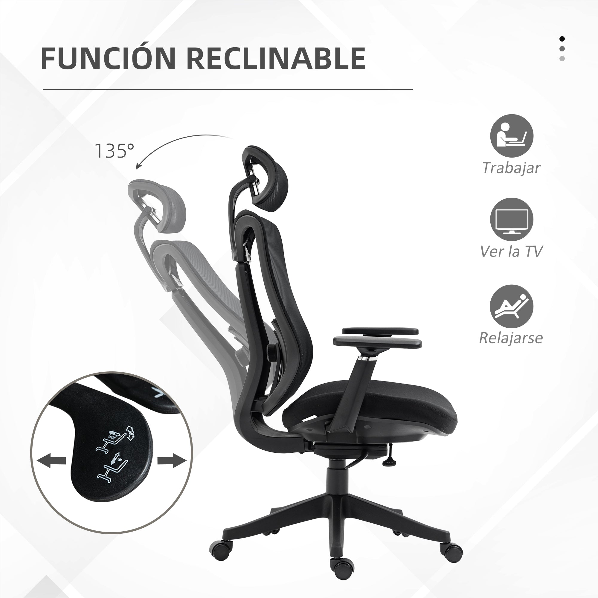 Mesh Office Chair Reclining Desk Chair with Adjustable Headrest Lumbar Support and 3D Armrests 150 kg Capacity 70x66x120-128 cm Black