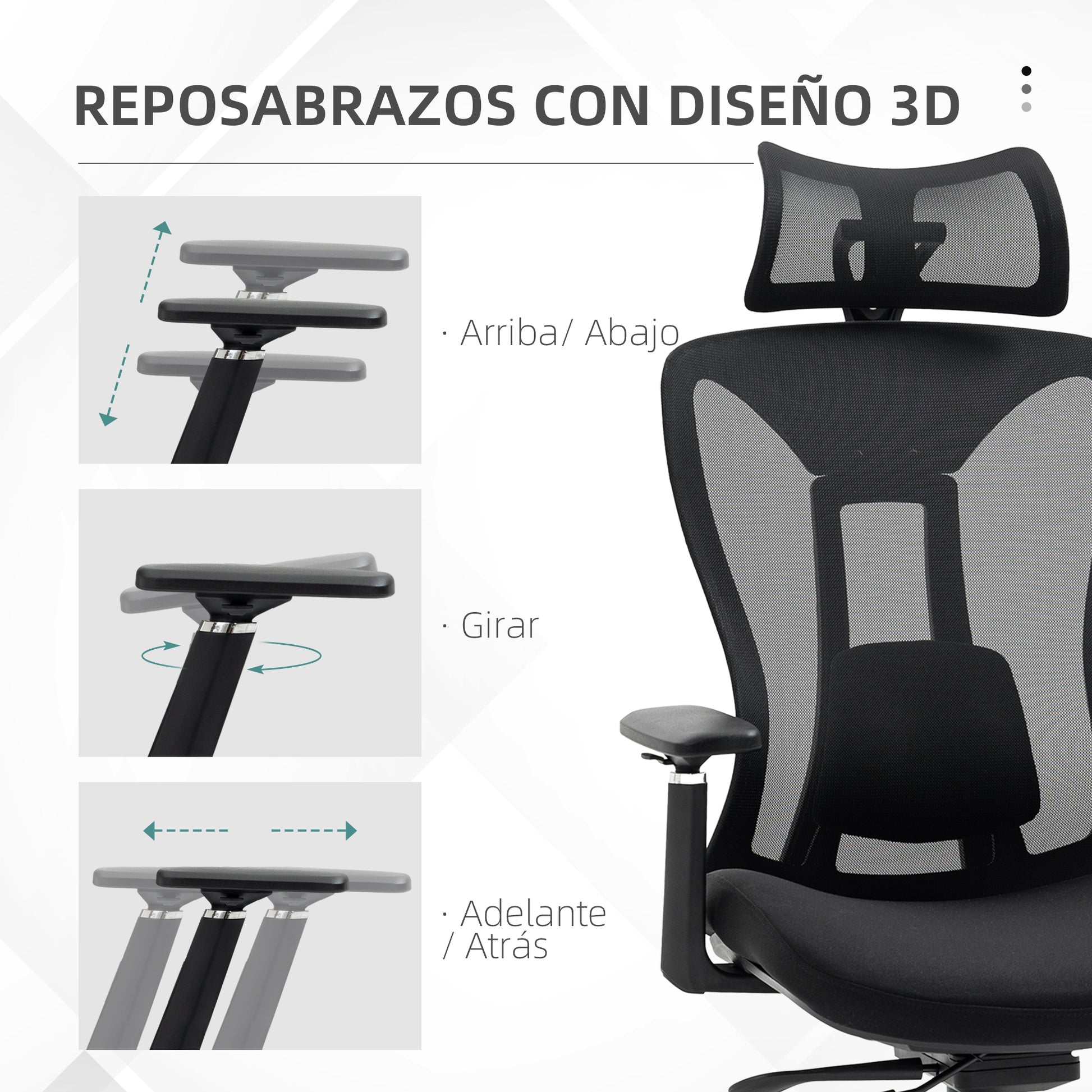 Mesh Office Chair Reclining Desk Chair with Adjustable Headrest Lumbar Support and 3D Armrests 150 kg Capacity 70x66x120-128 cm Black