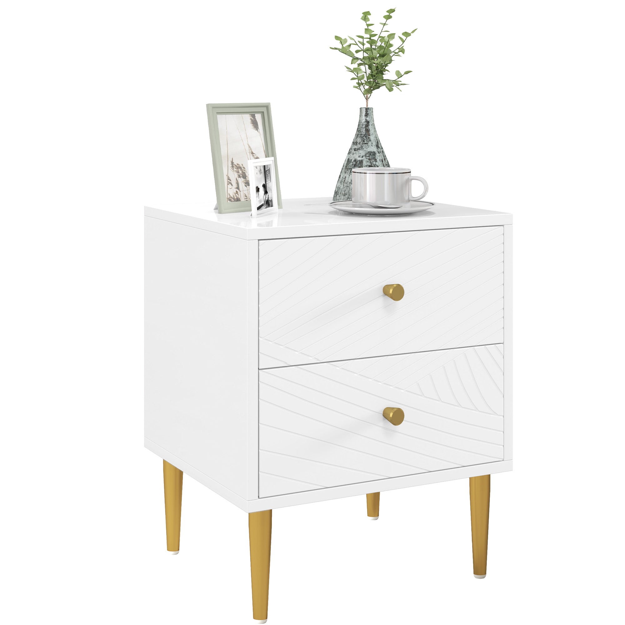 Bedside Table, Nightstand, with 2 Drawers, Gold Handles, Steel Legs, for Bedroom, Living Room, 40 x 35 x 50 cm, White