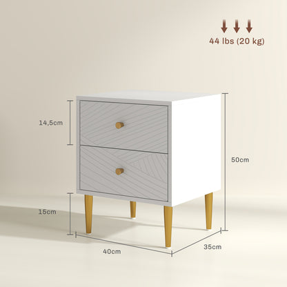 Bedside Table, Nightstand, with 2 Drawers, Gold Handles, Steel Legs, for Bedroom, Living Room, 40 x 35 x 50 cm, White