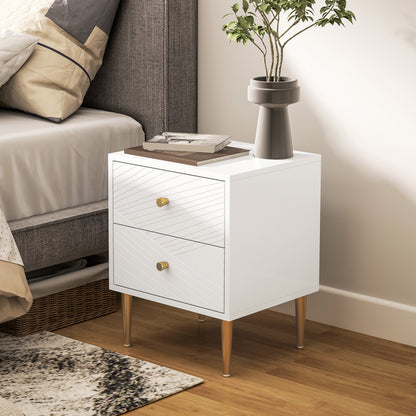 Bedside Table, Nightstand, with 2 Drawers, Gold Handles, Steel Legs, for Bedroom, Living Room, 40 x 35 x 50 cm, White
