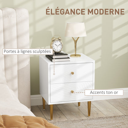 Bedside Table, Nightstand, with 2 Drawers, Gold Handles, Steel Legs, for Bedroom, Living Room, 40 x 35 x 50 cm, White