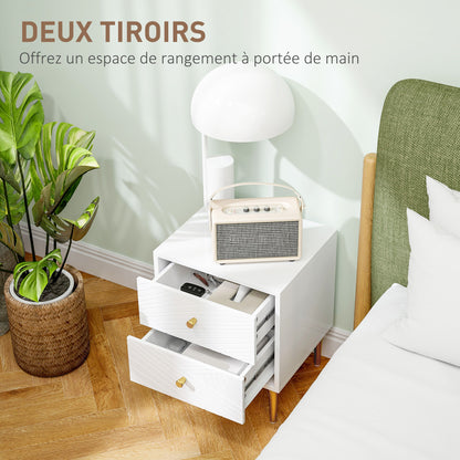 Bedside Table, Nightstand, with 2 Drawers, Gold Handles, Steel Legs, for Bedroom, Living Room, 40 x 35 x 50 cm, White