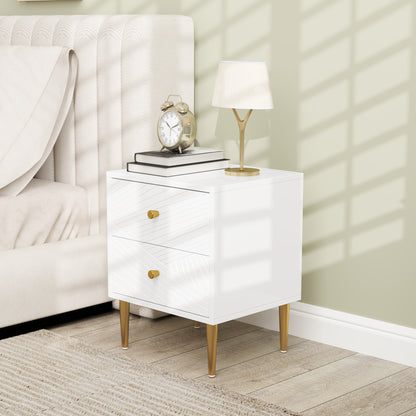 Bedside Table, Nightstand, with 2 Drawers, Gold Handles, Steel Legs, for Bedroom, Living Room, 40 x 35 x 50 cm, White