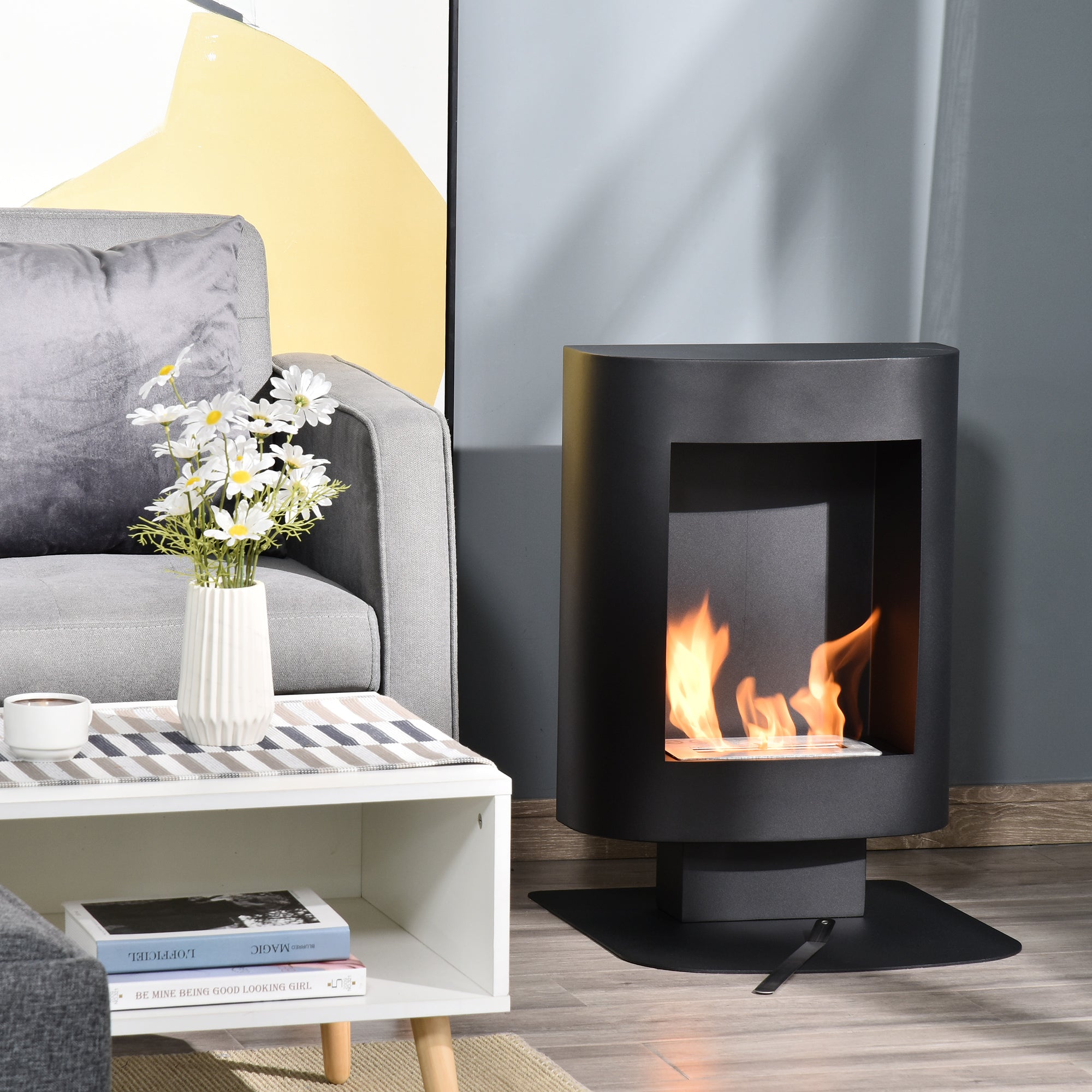 1.5L Ethanol Fireplace with 3 Hours Duration, Fireplace with Cover up to 20 sqm Heat Output 2000W, 46.5x53x65cm, Black
