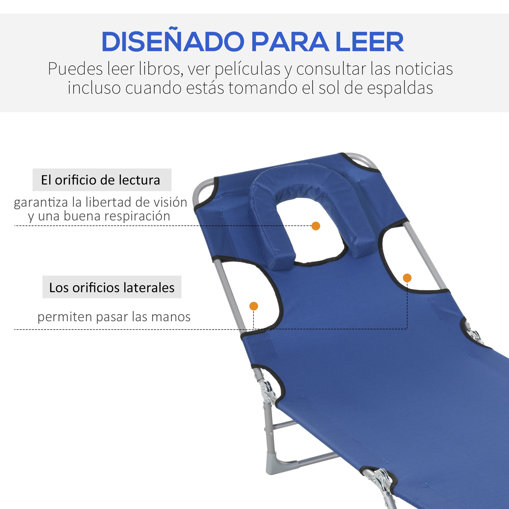 Reclining and Folding Garden Sun Lounger with Reading Hole Headrest and Adjustable Backrest in 5 Levels for Beach 182x56x28 cm Blue