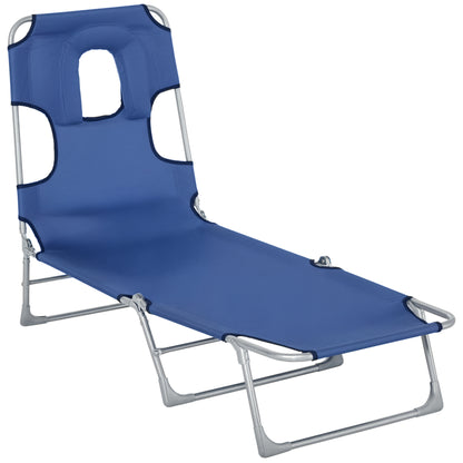 Reclining and Folding Garden Sun Lounger with Reading Hole Headrest and Adjustable Backrest in 5 Levels for Beach 182x56x28 cm Blue