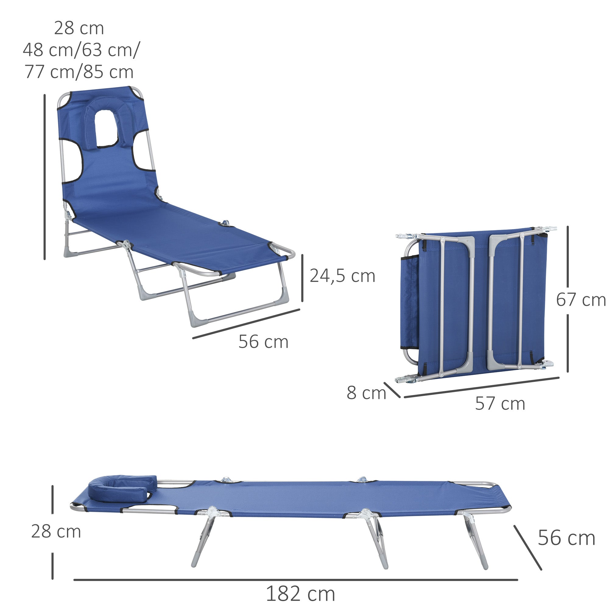 Reclining and Folding Garden Sun Lounger with Reading Hole Headrest and Adjustable Backrest in 5 Levels for Beach 182x56x28 cm Blue